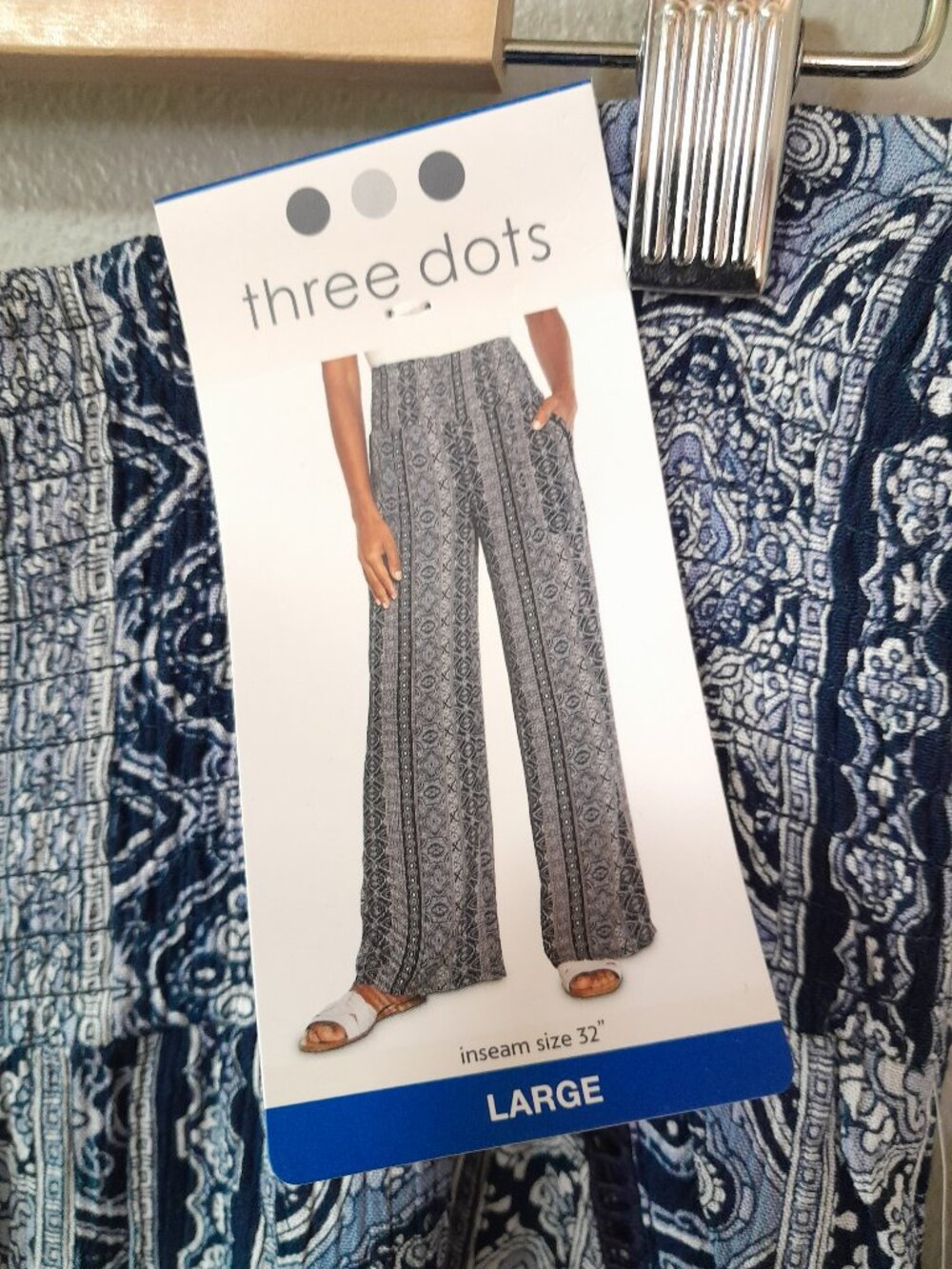 Three Dots Boho Pull On Wide Leg Flowy Blue Casual Rayon Pants Size Large - Picture 5 of 9